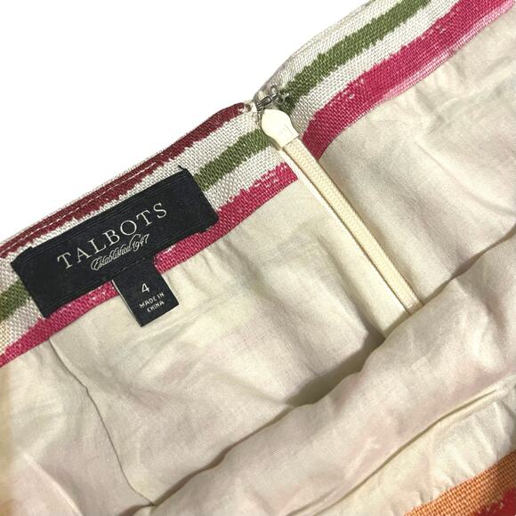 Talbots Striped Linen Pencil Straight Lined Mini Skirt Size 4 Spring Pink Orange - Picture 3 of 9